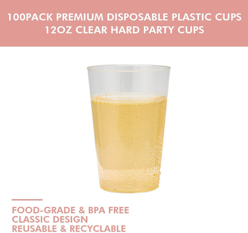 100 Pack 12oz Clear Plastic Cups, POPOPUL Disposable Cups Heavy Duty Plastic Cups Tumblers, Reusable Clear Hard Plastic Cups for Wedding, Halloween, Thanksgiving, Christmas Party