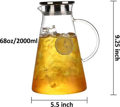 Nicunom 68 Ounces Glass Pitcher with Lid, Large Hot Cold Water Pitcher Carafe Jug with Handle for Home Kitchen Milk Juice and Iced Tea Beverage Pitcher