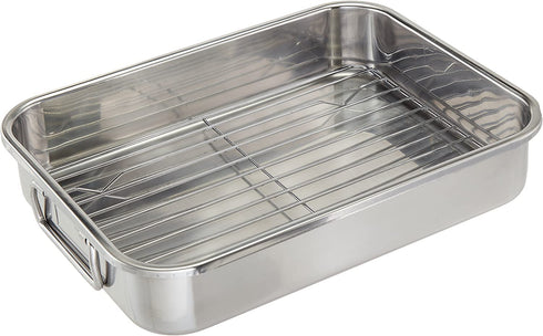 ExcelSteel Multiuse with Rack and Foldable Handles for Easy Storage Stainless Steel Roasting Pan, 12.5", Stainless