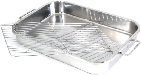 ExcelSteel Multiuse with Rack and Foldable Handles for Easy Storage Stainless Steel Roasting Pan, 12.5", Stainless