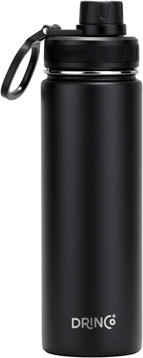 DRINCO Stainless Steel Water Bottle Spout Lid Vacuum Insulated Double Wall Water Bottle Wide Mouth (40oz 32oz 22oz 18oz 14oz) Leak Proof Keep Cold Sport Camping Hiking (22 oz, 22oz Black)
