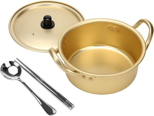 AHIER Ramen Pot, Korean Ramen Cooking Pot With Lid Spoon and Chopsticks (1pair), Korean Ramen Noodle Pot Fast Heating For Kitchen Cookware (Double handle) (6.3in)