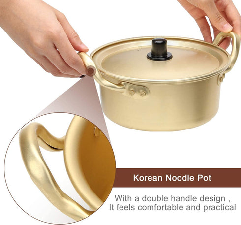 AHIER Ramen Pot, Korean Ramen Cooking Pot With Lid Spoon and Chopsticks (1pair), Korean Ramen Noodle Pot Fast Heating For Kitchen Cookware (Double handle) (6.3in)