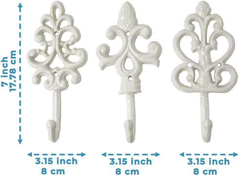 Shabby Chic Cast Iron Decorative Wall Mounted Hooks - White - Antique - French Country Charm - Large Decorative Hanging Hooks - Set of 3 - Screws and Anchors for Mounting Included - Comfify