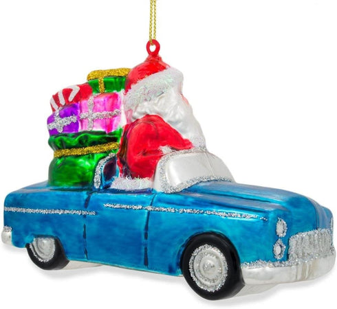 BestPysanky Santa in a Convertible Car Full of Gifts Glass Christmas Ornament 3.6 Inches