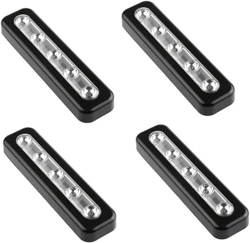 Pack of 4, WeFoonLo DIY Stick on 5 LED Touch Tap Lights Battery Powered Push Night Light for Closets, Cabinets, Cupboard, Hallway, Stairs, Attics, Garages, Car, Sheds, Storage Room (Black)