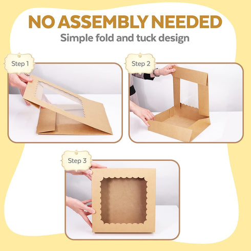 Cake Boxes 10 Inch and Stickers, (12-Pack) Kraft Bakery Box with Viewing Window for Cakes, Cupcakes, Cookies, Donuts, Pastries, and More 10x10x2.5 Brown Cake Box
