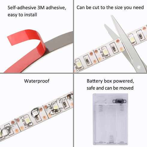 Led Strip Lights Battery Powered YOHOG White Led Lights 2M 6.56ft Battery Operated Led Light Strip IP65 Waterproof Flexible, Sticky LED Lights, Kitchen Cabinet, Bedroom and Outdoor Lighting 2Pcs