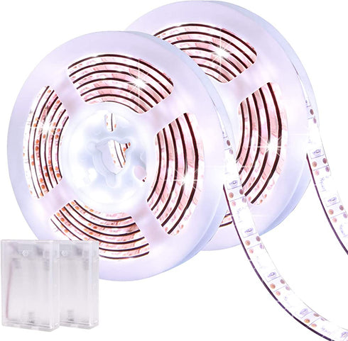 Led Strip Lights Battery Powered YOHOG White Led Lights 2M 6.56ft Battery Operated Led Light Strip IP65 Waterproof Flexible, Sticky LED Lights, Kitchen Cabinet, Bedroom and Outdoor Lighting 2Pcs