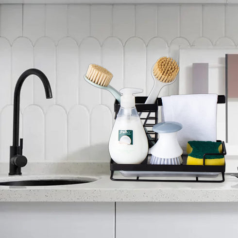 Sink Caddy, Mlesi Kitchen Sink Caddy Organizer Countertop Sponge Brush Soap Holder with Drain Pan,Soap Dispenser Caddy Organizer Rust-Proof Black