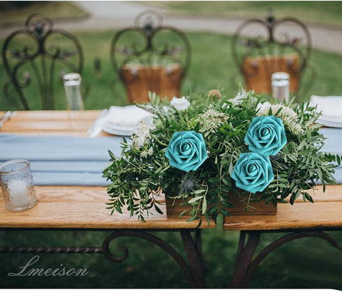 Lmeison Artificial Flowers Teal Green Roses, 50pcs Real Looking Foam Fake Roses with Stems for DIY Wedding Bouquets Centerpieces Valentine's Day Bridal Shower Party Tables Home Decorations