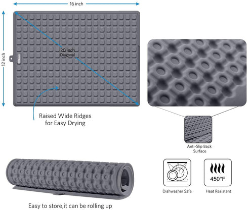 SiliQueen Silicone Drying Mat - 16 x 12 inches Toxic Free Dish Drying Mat for Kitchen, Countertop Mat, Dish Draining Mat, Sink Mat (Dark Grey)