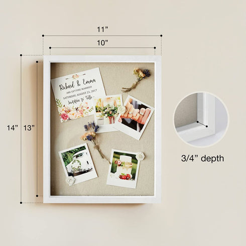 White Shadow Box Display Case - 11x14 Deep Wood & Glass Shadowbox Picture Frame with Linen Board - Wall-Hanging & Free-Standing - 3D Showcase Keepsake Art Graduation Baby Wedding Military Sport Flag