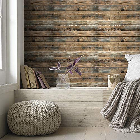 Distressed Wood Wallpaper Brown Wood Wallpaper Peel and Stick 17.71In X 118In Rustic Self Adhesive Faux Wood Contact Paper for Countertop Cabinet Shelf Drawer Vinyl Waterproof Removable Easy to Use