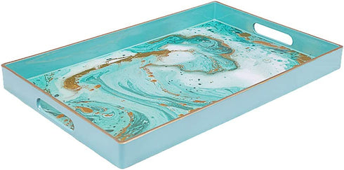 MAONAME Plastic Decorative Tray, Rectangular Marbling Tray with Handles, Coffee Table Serving Tray for Ottoman, Bathroom, Storage | 15.7" Lx 10.2" W X 1.57" H