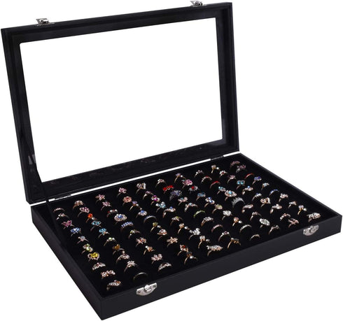 Autoark Velvet Stackable Clear Lid 100 Slots Jewelry Ring Box Showcase Display Organizer,Black,AJ-081