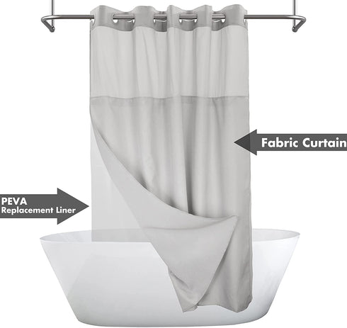 No Hooks Needed Shower Curtain with Snap-in PEVA Liner Set - Hotel Style with See Through Top Window, Machine Washable & Water Repellent, Gray, 71x74