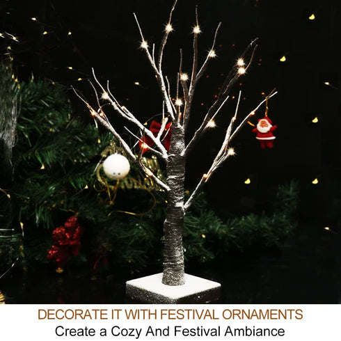 Bright Zeal 1-Pack 18" Tall Lighted Birch Christmas Tree with Faux Snow and 24 Warm White LED Bulbs - Table Top White Birch Tree Lamp Birch Snow Tree Indoor - LED Birch Tree Light Up Tabletop Decor