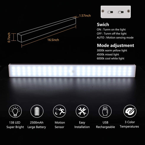132 LED Closet Light, Under Cabinet Lighting Battery Operated Motion Sensor Cabinet Lights,Super Bright USB Rechargeable LED Night Light for Kitchen, Stairs,Wardrobe