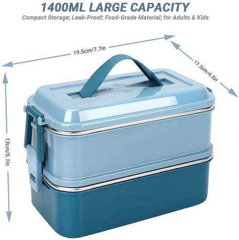 welltop Bento Box, 1400ML Large Capacity Bento Lunch Boxes Leakproof Stainless Steel Food Storage Container Modern Bento-Style Design Includes 2 Stackable Containers for Adults Kids (Blue)