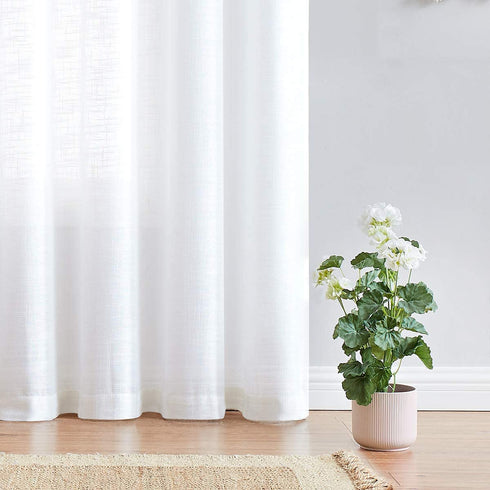 FMFUNCTEX Sheer White Curtains 45 Inch Length Linen Textured Light Filtering Semi Sheer Window Curtains for Small Window Laundry Room Bedroom Rod Pocket 2 pcs