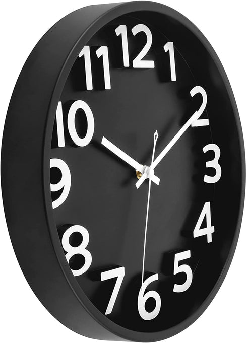 Lumuasky Large Black Wall Clock, 12 Inch Silent Non-Ticking Battery Operated Modern 3D Numbers Round Analog Decorative Clock for Living Room Bedroom Kitchen Home Office School