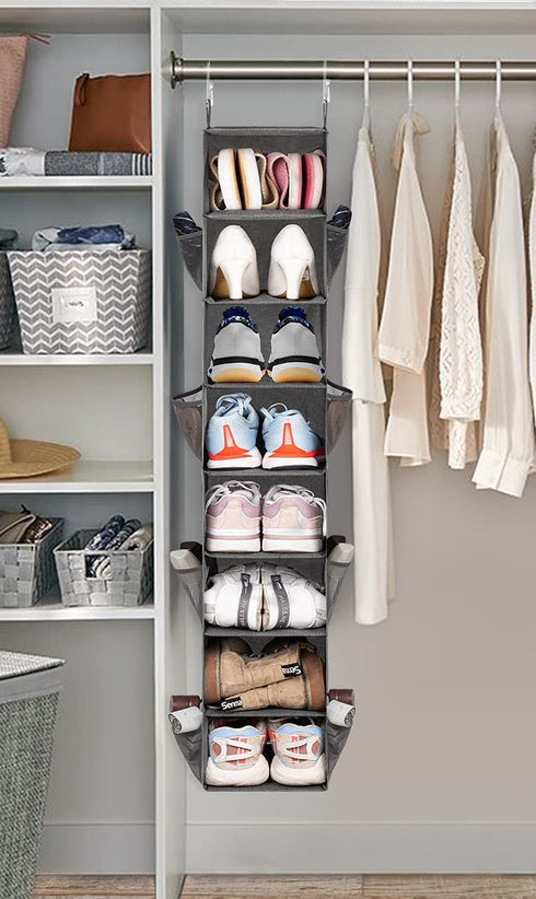 KIMBORA 8-Shelf Hanging Shoe Organizer with 8 Side Mesh Pockets Hanging Shoe Rack for Closet Shoe Holder, Grey