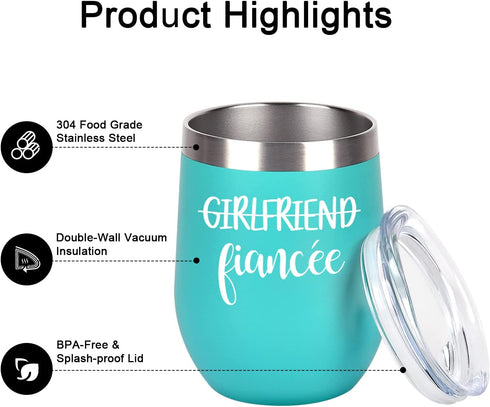 Lifecapido Boyfriend and Girlfriend Wine Tumbler Set, Engagement Gifts for Fiance Fiancee Friend Couples Her Women, 12 Oz Newly Engaged Stainless Steel Insulated Wine Tumbler with Lids, Black and Mint