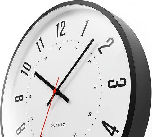 Driini Modern Mid Century Analog Wall Clock (12") Large, Easy to Read Numbers; Black Metal Frame Battery Operated with Silent Sweep Hands Contemporary Decor for Office, Living Room, or Kitchen