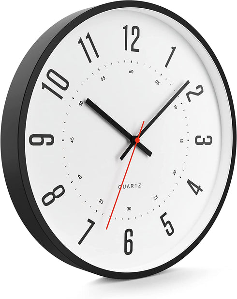Driini Modern Mid Century Analog Wall Clock (12") Large, Easy to Read Numbers; Black Metal Frame Battery Operated with Silent Sweep Hands Contemporary Decor for Office, Living Room, or Kitchen