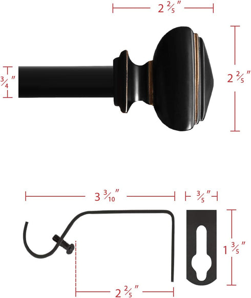 H.VERSAILTEX Window Curtain Rods for Windows 48 to 84 Inches Adjusts Decorative 3/4 Inch Diameter Single Window Curtain Rod Set with West Square Classic Finials, Black with Antique Bronze Finishing