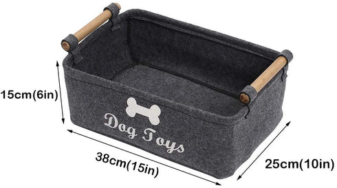 Geyecete Dog Toys Storage Bins - with Wooden Handle,Decorative Basket Rectangular Soft Felt Storage Bin Organizer Basket Pet Supplies Storage Basket/Bin Kids Toy Chest Storage Trunk(Dog-Grey)