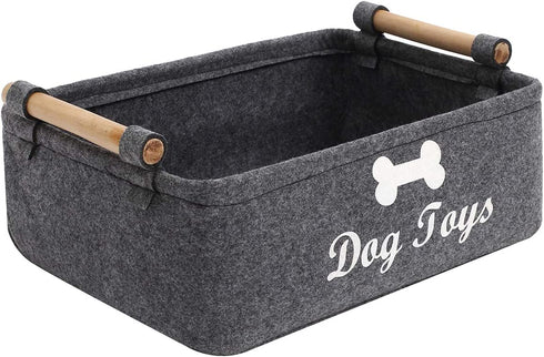 Geyecete Dog Toys Storage Bins - with Wooden Handle,Decorative Basket Rectangular Soft Felt Storage Bin Organizer Basket Pet Supplies Storage Basket/Bin Kids Toy Chest Storage Trunk(Dog-Grey)