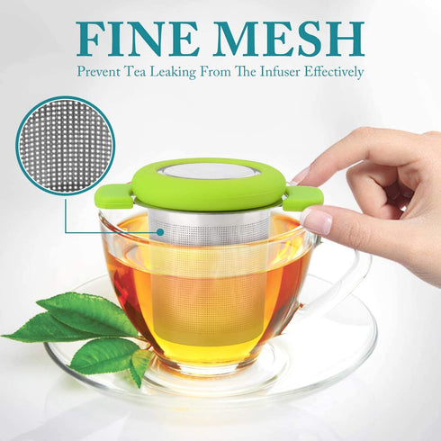 LaLa Dloce Tea Infuser Set of 2, Stainless Steel Tea Strainer Filter with Silicone Handle for Reusable Loose Leaf Grain Teapots, Mugs and Cups to Steep Tea with Lid