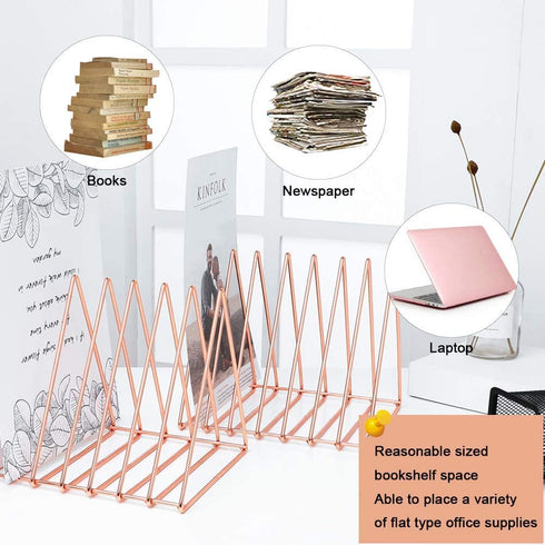 Urban Deco Triangle Desk File Organizer Metal Magazine Rack 7 Section Magazine File holder for Desk Record stand Rose Gold Desk Organizer Magazine Storage For Home (2 Pack)
