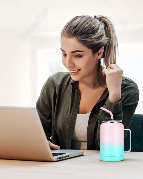 zenbo Mug Tumbler 32oz Stainless Steel Vacuum Insulated Mug with Handle,Lid and Straw,Keeps Drinks Cold up to 36 Hours Sweat-Proof Body, Dishwasher Safe-Iridescence