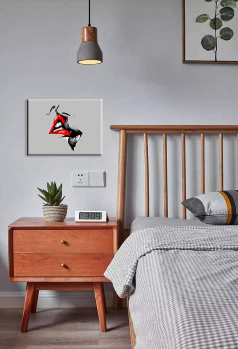 12x16 inches Abstract Sketch Red Lips Canvas Wall Decor Art Lover Kiss Painting Black White and Gray Picture Romantic Home Decoration for Bedroom (Ready to Hang)