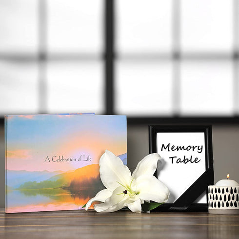 Funeral Guest Book A Celebration of Life Guest Sign In Book Memorial Service Guest Book with Lake Sunset Mountain Design 11.5 x 8.3 Inch Memorial Guest Condolence Book for Funeral Visitor Registration