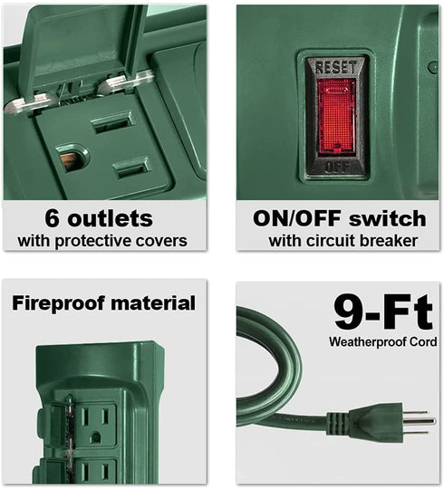 BESTTEN Outdoor Power Strip with Covers and Overload Protection Switch, Double Sided 6-Outlet Yard Power Stake with 9-Foot Long Extension Cord, ETL Certified, Green