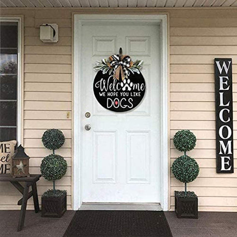Welcome Wreath Sign for Farmhouse Front Porch Decor - We Hope You Like Dogs - Door Hanging with Premium Greenery - Gift for Christmas Housewarming Holiday Home Decoration