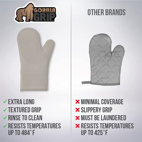 Gorilla Grip Heat Resistant Silicone Oven Mitts Set, Soft Quilted Lining, Extra Long, Waterproof Flexible Gloves for Cooking and BBQ, Kitchen Mitt Potholders, Easy Clean, Set of 2, Almond