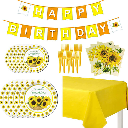 Sunflower Party Supplies Party Favors Sunflowers Birthday Party Decorations for 10 Guests, Including Disposable Paper Plates, Banner, Napkins, Forks and Tablecloths Pack Set for Kids Boy and Girls