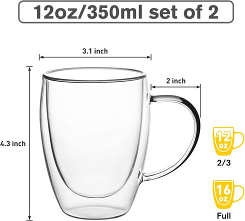 Double Walled Glass Coffee Mugs Glass Mug With Handles Double Wall Cappuccino Cups, 12oz Of Set 2 Coffee/tea Mugs, Clear Glasses With Handle