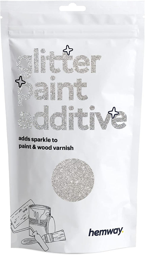 Hemway Glitter Paint Additive Glitter Crystals for Acrylic Paint, Interior & Exterior Walls, Wood, Varnish, Furniture, Matte, Gloss, Satin, Silk - 100g / 3.5oz - Silver