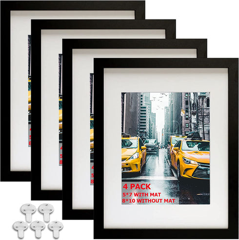 Picture Frame 8x10 Black Picture Frames Set of 4,Display Pictures 5x7 with Mat or 8x10 Without Mat,Solid Wood Photo Frames for Wall or Tabletop Display,Black