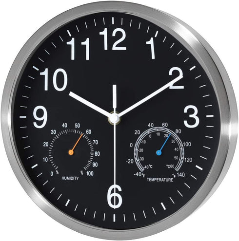 Fzy.bstim Non Ticking Silent Wall Clocks Battery Operated,10 Inch Quality Quartz Analog Wall Clock with Thermometer and Hygrometer,Decorative for Kitchen,Living Room,Bathroom,Office,Garage(Black)