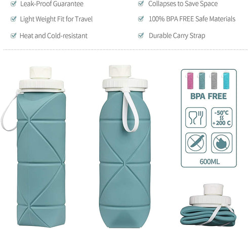 SPECIAL MADE Collapsible Water Bottles Leakproof Valve Reuseable BPA Free Silicone Foldable Travel Water Bottle for Gym Camping Hiking Travel Sports Lightweight Durable 20oz Dark Green