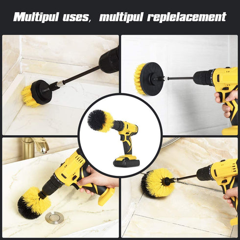 Shieldpro Drill Brush Attachment Set,Power Cleaning Scrub Brush,All Purpose Drill Brushes with Extend Long Attachment for Bathroom and Kitchen Surface,Grout,Tub,Shower,Tile,Corners, Automotive-Yellow