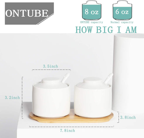 ONTUBE Ceramic Sugar Bowl with Lid and Spoon Set of 2,Porcelain Seasoning Box Salt Bowl with Tray,8oz (White)