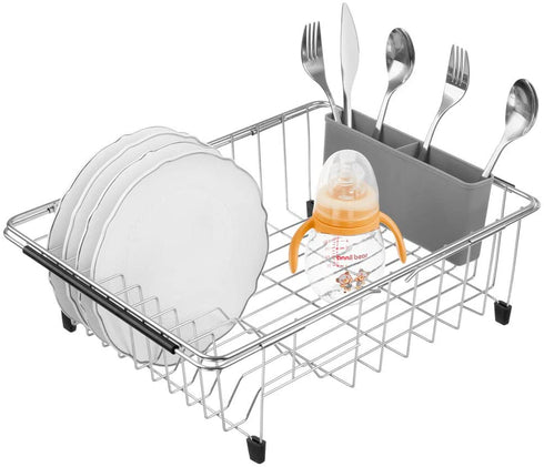 SANNO Expandable Dish Drying Rack Sink Dishes Drainer , Dish Rack with Utensil Silverware Storage Holder Over The Sink Adjustable Arms Dish Drying Drainer, in Sink or On Counter,Stainless Steel